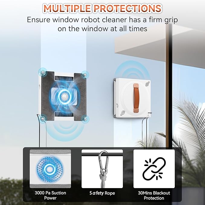 MIXILIN Window Cleaning Robot 3000Pa Auto Windоw Cleaner Robot with Intelligent Path Planning &amp Edge Detection Anti-Drop Prоtection Dual Spray Cleaner Tool for Tiles Railing Glass