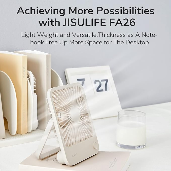 JISULIFE Desk Fan Battery Rechargeable 4500mAh 180°Foldable Portable Personal Fan 4 Speeds Adjustable Long Battery-life for Home Office Travel Outdoor Gifts for Women Men-Brown