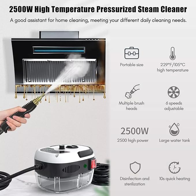 2500W 3Bar Handheld Pressurized Steam Cleaner - High Temperature Fast Heating for Air Conditioners Kitchens - 110V