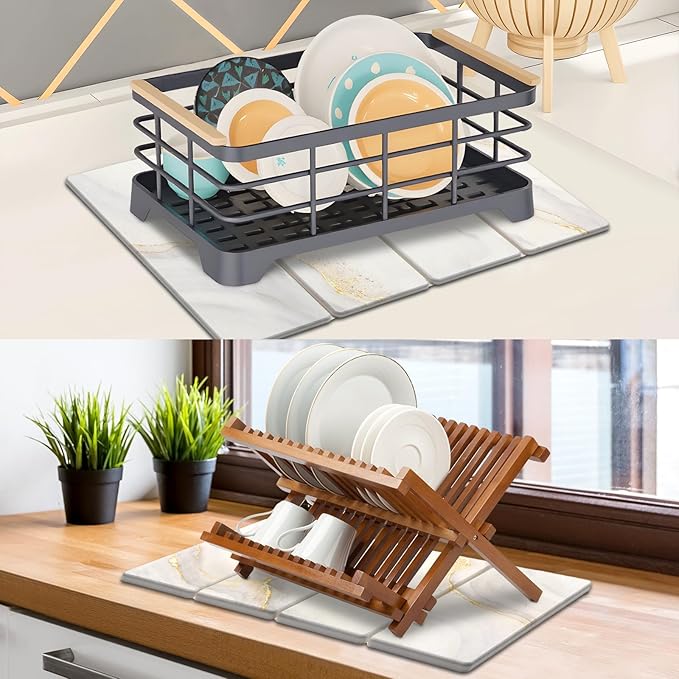 Large Stone Dish Drying Mat for Kitchen Counter 2 PCS Quick Dry Stone Mats Foldable Water Absorbing Diatomaceous Earth Drying Dishes Pad for Countertop Bottle Utensil Cup(Yellow White 24x16&amp8