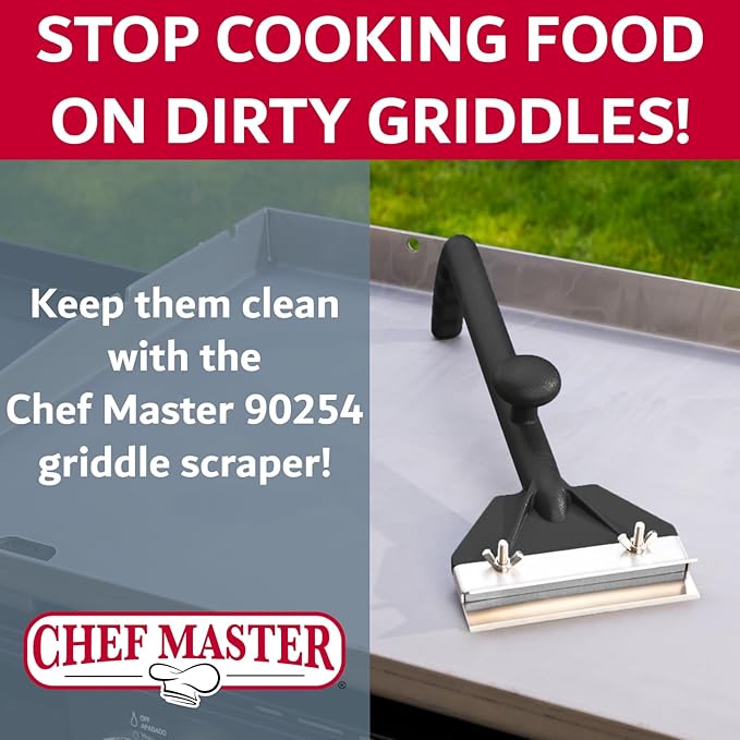 Chef Master Griddle Scraper Cleaning Kit Combo - Flat Top Grill Cleaner w/Replacement Blade &amp Scrubber - Griddle Cleaning Kit - Long Handle Stainless Steel Flat Grill Scraper - 90254