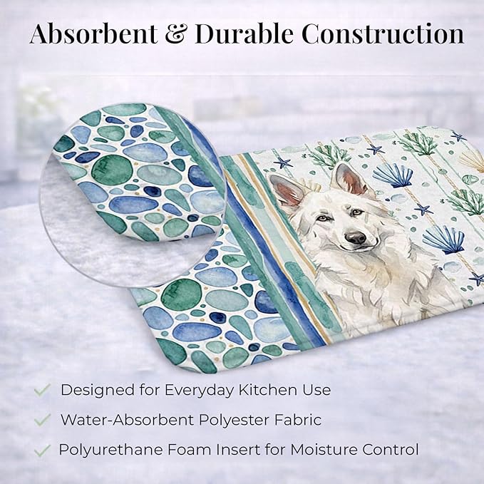 Caroline's Treasures White German Shepherd Coastal Sea Glass Dish Drying Mat Absorbent Dish Drying Mat Pad for Kitchen Counter Dish Drainer Mat for Countertop 14 x 21 Multicolor