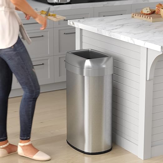 iTouchless 16 Gallon Oval Open Top Trash Can and Recycle Bin with Dual AbsorbX Odor Filters Slim Space-Saving Large Capacity Commercial Grade for Home Office Garage Business Stainless Steel