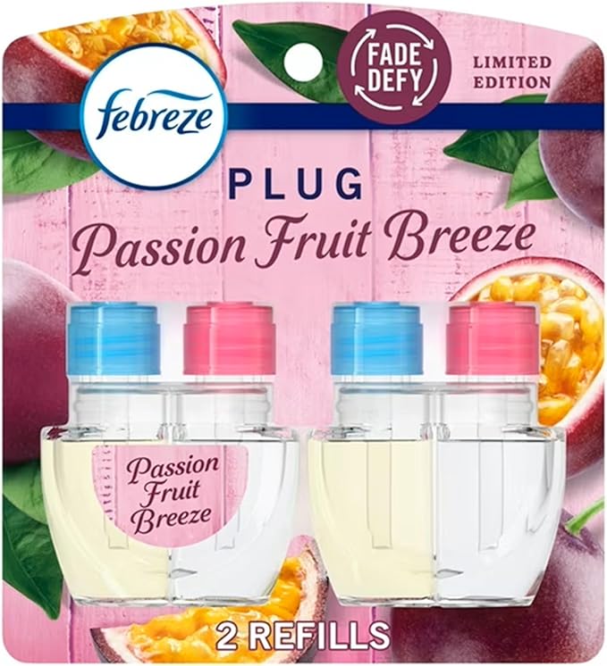 Febrezee Plug In Refills New Edition Plug In for Odor-Fighting Fade Defy PLUG Air Freshener (2) Count of 0.87 fl oz Refills (Passion Fruit Breeze)