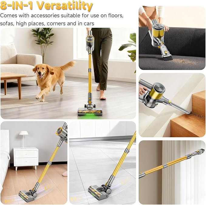 Cordless Stick Vacuum Cleaner - 45KPA Powerful Suction Vacuum with 45 Min Runtime Detachable Battery Anti-Tangle &amp 1.5L Dust Cup 8 in 1 Vacuum Cleaner for Pet Hair Carpet HardFloor Yellow