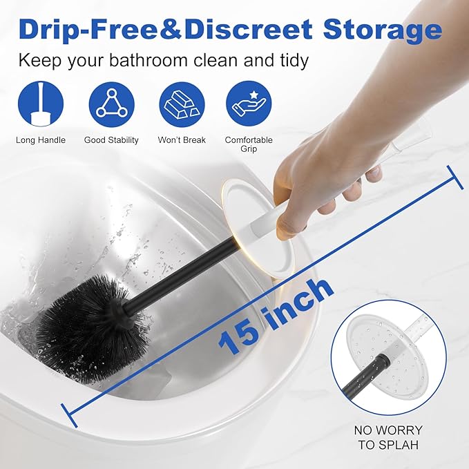 Toilet Brush and Holder Set：304 Stainless Steel Heavy Duty Toilet Bowl BrushRemovable Inner Bowl and Splash ProtectionBathroom Toilet Brush-Dense Bristles for Through Cleaning