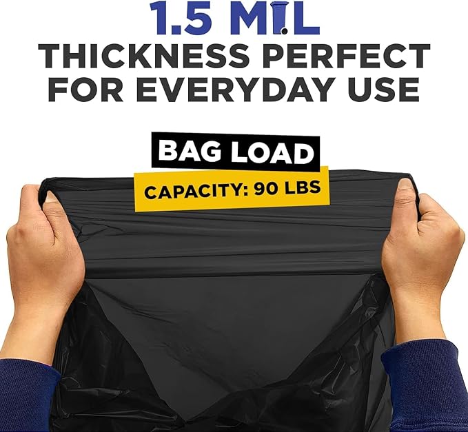 (100 Pack) Plexon 55-60 Gallon Trash Bags 1.5 Mil Heavy Duty Fits Rubbermaid Brute Rollout Round and Square 32-55 gal Trash Cans 43 x 47 Large Durable Garbage Trash Can Liners Bulk (Black)