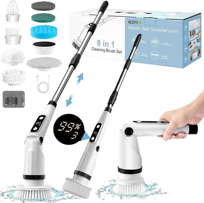 IEZFIX Electric Spin Scrubber Bathroom Power Shower Scrubber Cleaning Brush for Tub/Tile/Floor/Toilet/Kitchen 8 Cleaner Scrub Brush Heads 3 Speeds 450RPM Max Telescopic Rod Black