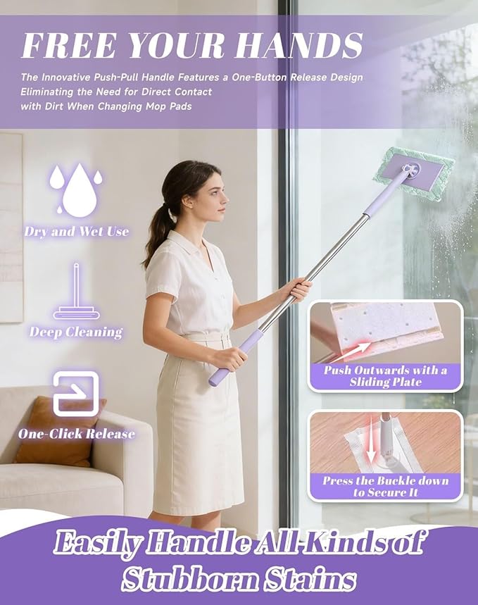 Snap Grip Mini Mop Convenient Cloth Changing Mini Mop Retractable Gap Dust Cleaner Flat Mops with Locking Head &amp Sweeping Cloths 40inch Handle for Multi-Surface No Wash(Purple 93cm)