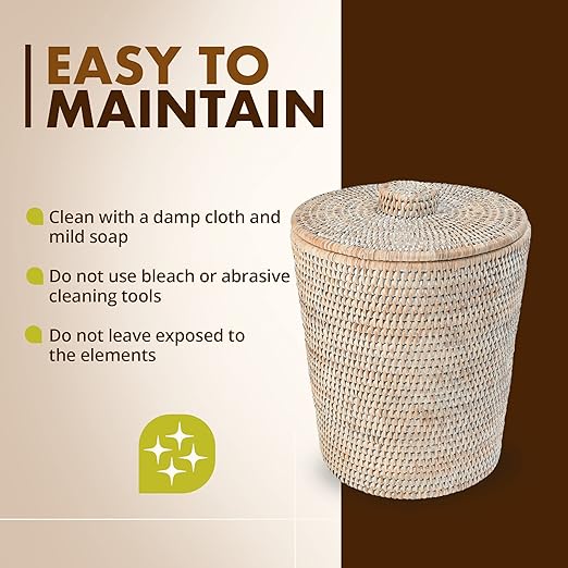 KOUBOO La Jolla Rattan Round Waste Basket With Lid &amp Plastic Insert 2 Gallon Woven Wastebasket for Bathroom Kitchen Office Living Room &amp Home Decor White Wash