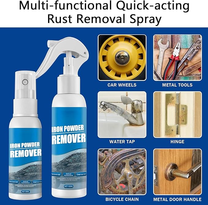 Multi-functional Quick-acting Rust Removal Spray 30ML &amp 100ML Car Rust Removal Spray Iron Power Remover for Metal Car Bikes Tools Furniture (100ml*2)