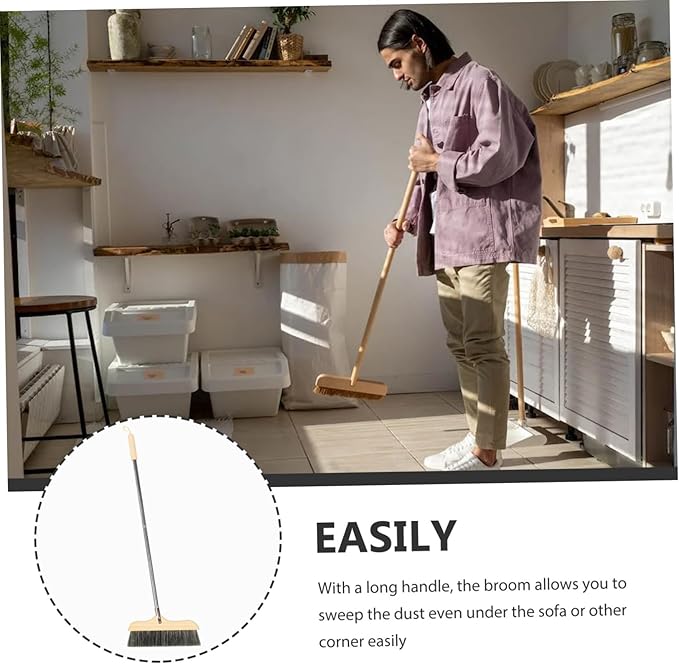 Long Handle Bristle Broom for Home Cleaning Soft Bristles for Easy Pet Hair Removal Wood and Construction for Kitchen Living Room and Bathroom Use