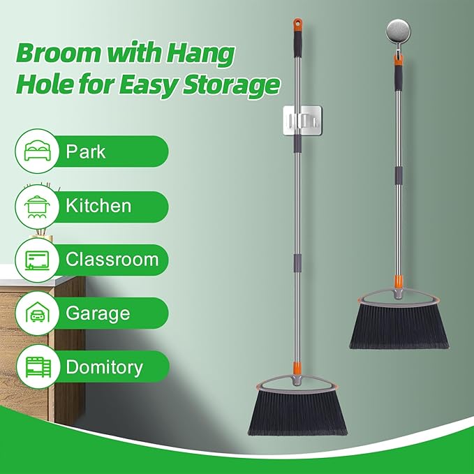 2 Pack Soft Bristle Broom Heavy Duty Broom with Collapsible Handle Ideal for Indoor Outdoor Hardwood Floors Kitchen Salon Camping Cat Pets Hair Home Room Office Sturdy and Durable Gray