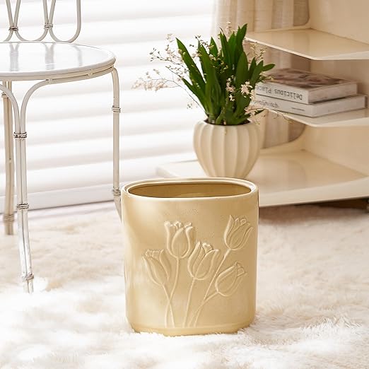 Beige Ceramic Tulips Small Bathroom Trash Can 2.6 Gal (10 Liter) - Heavy &amp Decorative Garbage Bin for Bathroom Kitchen Office Bedroom &amp Living Room Corner