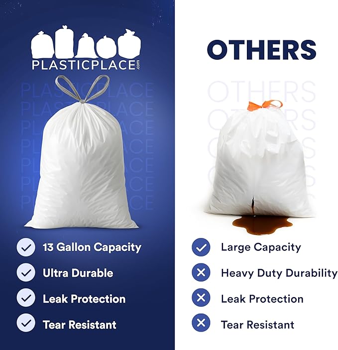 Plasticplace 13 Gallon Trash Bags │ 1.2 Mil │ White Drawstring Garbage Can Liners │ 24 x 31 200 Count (Pack of 1)