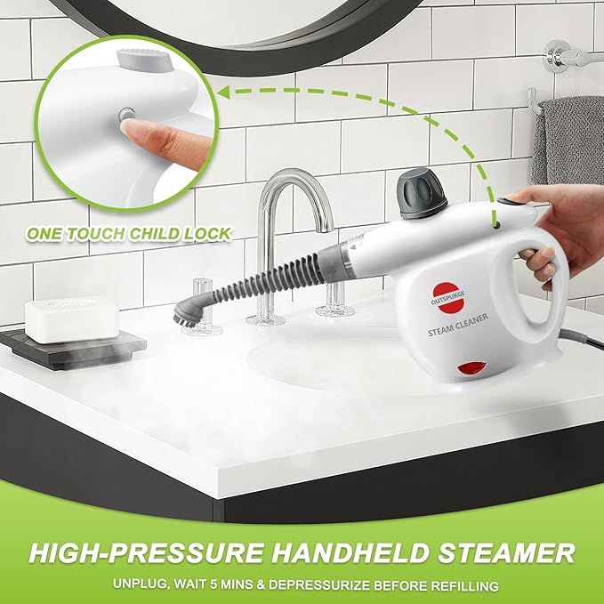 Handheld Steam Cleaner Pressurized Multi-Surface Steam Shot with 13 Accessories Safety Lock Steamer for Cleaning Floor Upholstery Grout Windows Couch and Car White