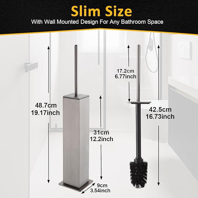Toilet Brush and Holder Floor Standing Brushed Nickel with 2 Replaceable Heads Freestanding Toilet Bowl Brush with Removable Liner and Splash Guard Modern Square Design