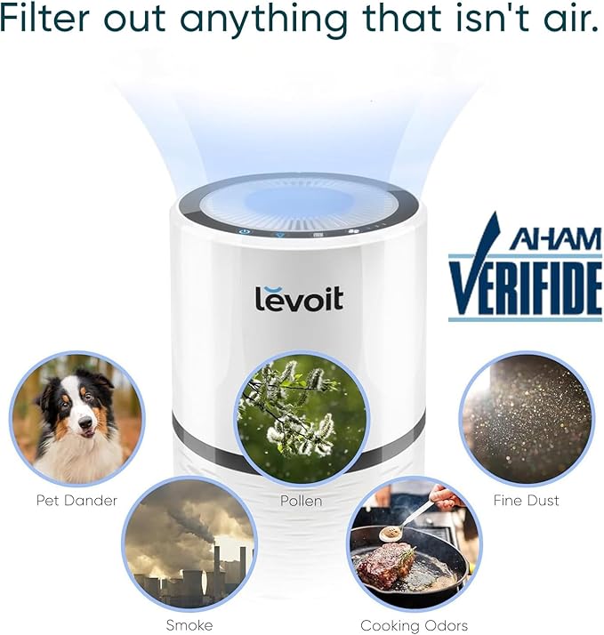 Levoit Air Purifier for Home AHAM Verifide High-Efficiency Filter for Smoke Dust Pollen and Odors in Bedroom Office or Nursery Optional Night Light Quiet Operation LV-H132 White