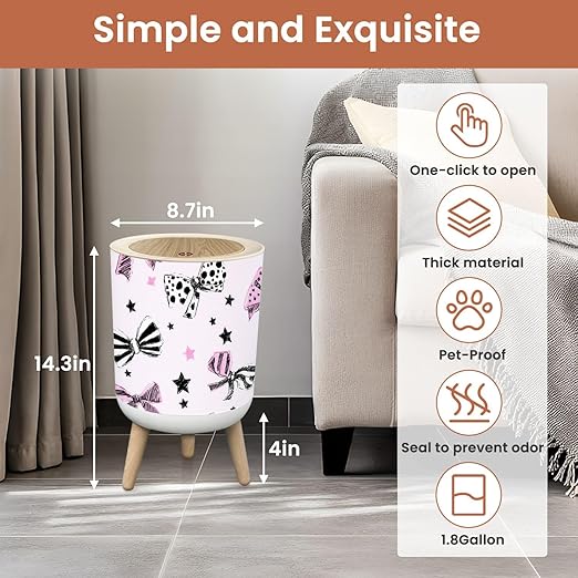 Bathroom Trash Can with Lid Girly Cute Seamless Hand Drawn Black Pink White Bows Stars White Garbage Bin Waste Basket for Kitchen Office Bedroom Decoration Diaper Pail 1.8 Gallon