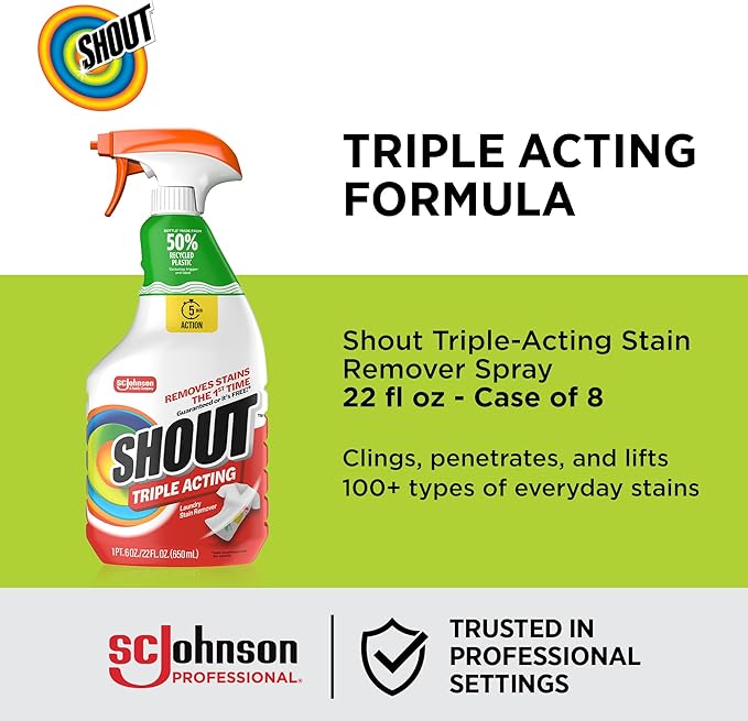 SC Johnson Professional Shout Active Enzyme Laundry Stain Remover Spray 22 fl oz Pack of 8