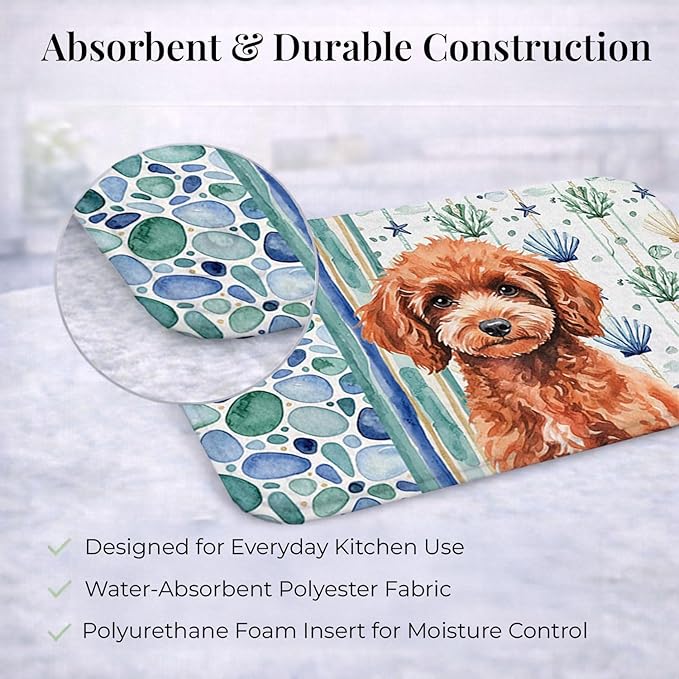 Caroline's Treasures Miniature Red Poodle Coastal Sea Glass Dish Drying Mat Absorbent Dish Drying Mat Pad for Kitchen Counter Dish Drainer Mat for Countertop 14 x 21 Multicolor
