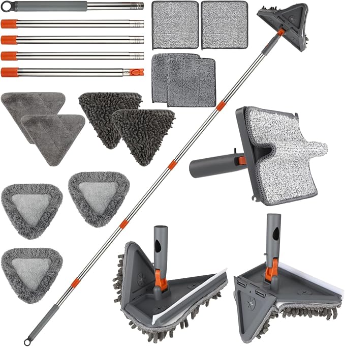 Mop for Wall Cleaning with Long Handle 2-in-1 Design Squeegee 11 Washable Pads