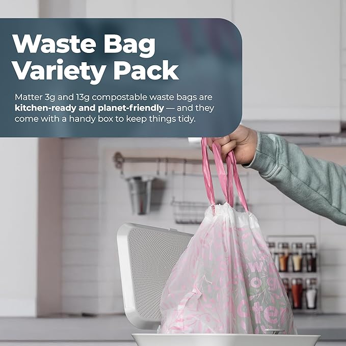 Matter Compostable Variety Pack 3 Gallon and 13 Gallon Kitchen Trash Bags with Drawstring Unscented Durable Leak-Resistant Eco-Friendly 70 Count