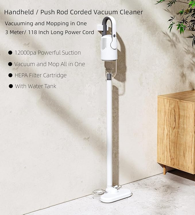 Stick Corded Vacuum Cleaner and Mop All in One Corded Wet Dry Vacuum Cleaner with Water Tank Floor Cleaner Machine 12000Pa Suction Lightweight Upright Vacuum and Mop Combo for Home Office Pet Hair