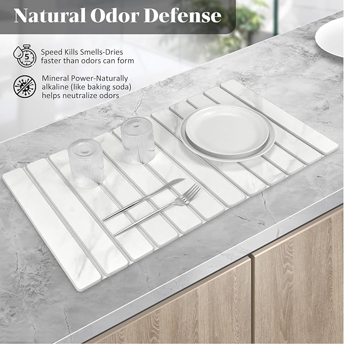 2 PCS Extra Large Stone Dish Drying Mats for Kitchen Counter 28(L)×16(W) Marble-Pattern Dish Drying Mat with 8x 4 Coasters Eco-Friendly Diatomite Dish Drying Mat - Fits All Countertops
