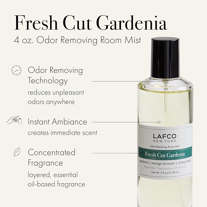 LAFCO New York Odor Removing Room Mist Fresh Cut Gardenia - 4 oz - Eliminates Unpleasant Scents &amp Provides Luxurious Fragrance - Up to 750 Pump Sprays Per Bottle - Made in the USA