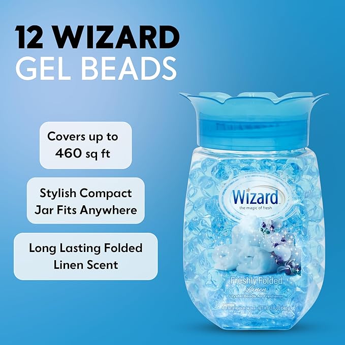 WIZARD Odor Eliminator Gel Beads - 12 oz Pack of 12 - Air Freshners For Bathroom. Rooms Per Areas and Car Freshner (FRESH LINEN)