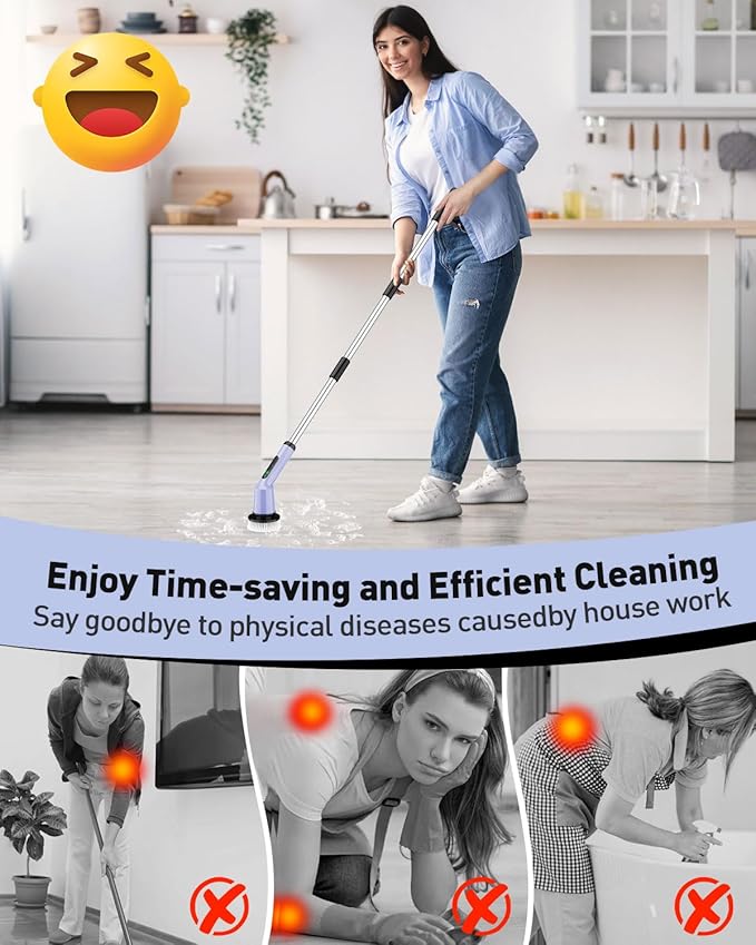 Electric Spin Scrubber for Cleaning Bathroom Shower Scrubber Cordless Cleaning Brush with IPX7 Waterproof &amp 2 Speed 3 Brush Heads Bathroom Cleaning Supplies for Shower Tub Tile Toilet Purple