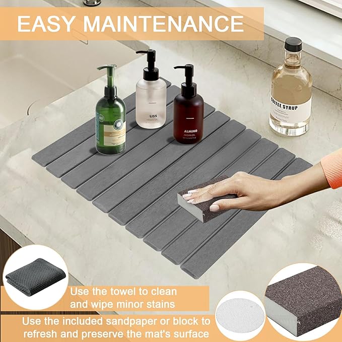 Large Stone Dish Drying Mat for Kitchen Counter with 3 Sanding block and Towel 24×16 Quick Drying Diatomaceous EarthSuper Absorbent Anti Slip MatBirthday Gfts for Women Mom Grandma Dark Gray
