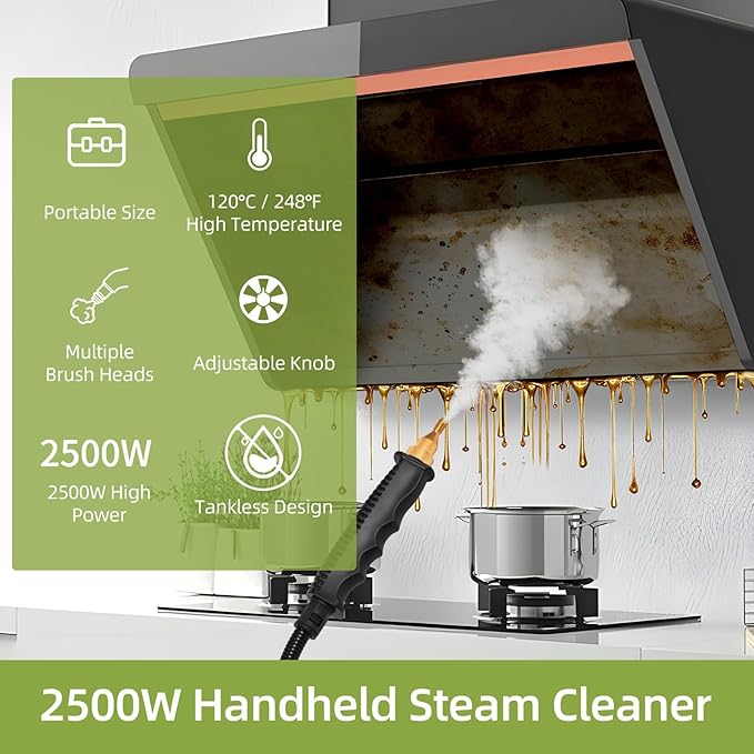 Handheld Steam Cleaner 2500W Tankless High Temperature Self Control Steam Cleaning Machine with Sprayer Brushes Heads for Home Kitchen Bathroom Grout and Tile (US Plug)