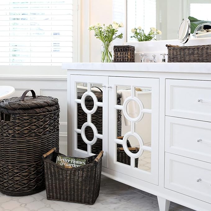 The Basket Lady Long Narrow Pole Handle Wicker Basket Small 17 in L x 5 in W x 5.25 in H Antique Walnut Brown