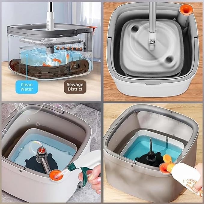 Spin Mop Set Self Wringing 360° Rotating Square Mop Head with Self Separation Dirty and Clean for Hardwood Tile Marble Floors