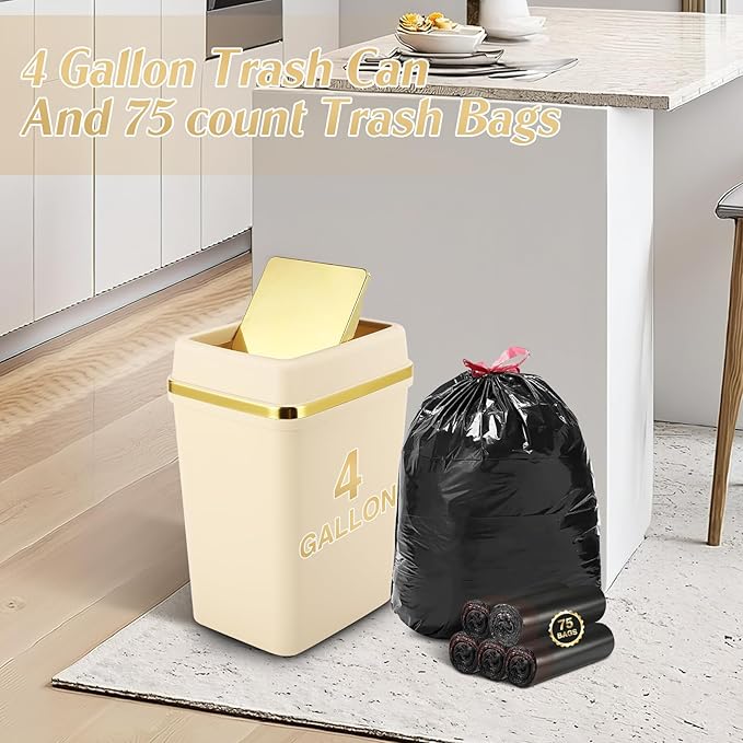 Bathroom Trash Can with Lid 4 Gallon Trash Can with Swing Lid Beige Small Garbage Can Bathroom Garbage Can with 300 Counts Trash Bags for Kitchen Bedroom Office