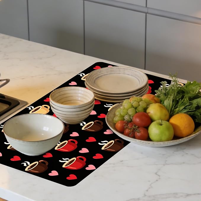 Nuxovilar Coffee Bar Mat Natural Rubber &amp Canvas Fabric 16.92 x 31.1 Coffee &amp Heart Print Bar Accessories Decorative Mat Home Kitchen Breakfast Nook