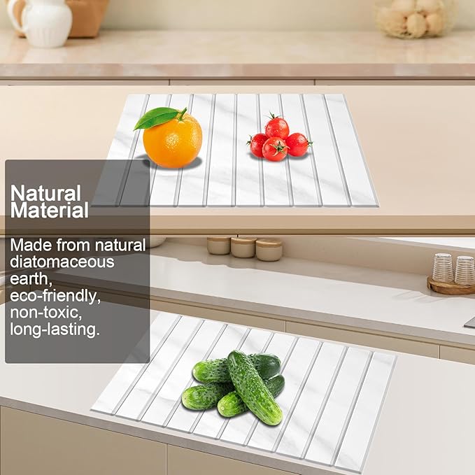 Large Stone Dish Drying Mat for Kitchen Counter with 3 Sanding block and Towel 24×16 Quick Drying Diatomaceous EarthSuper Absorbent Anti Slip Mat for Women Mom Grandma (Marble white)