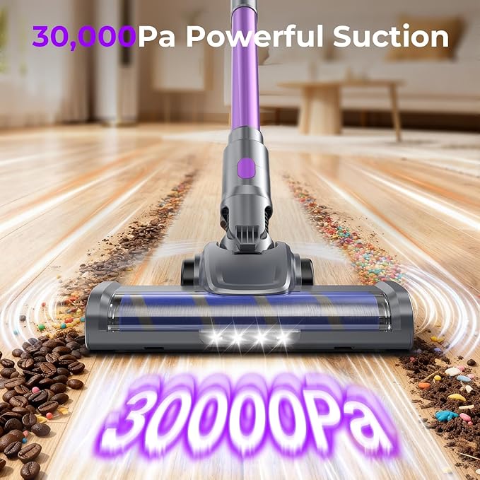 Cordless Vacuum Cleaner 30Kpa Vacuum Cleaners for Home Stick Vacuum with LED Display 2 Roller Brushes for Anti-Tangle &amp Hard Floor 6 in 1 Lightweight Vacuum for Hard Floors Carpet Pet Hair