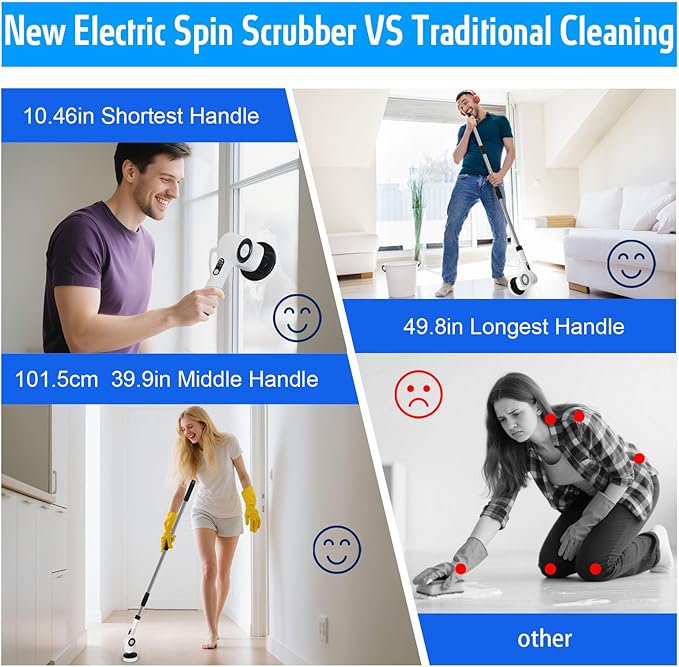 Electric Spin ScrubberCordless Cleaning Brush with 8 Replaceable Brush Heads360°Power Scrubber for Tub and Floor Tilewith 3 Adjustable Speed &amp Rotatable &amp Detachable Handle for Bathroom Kit