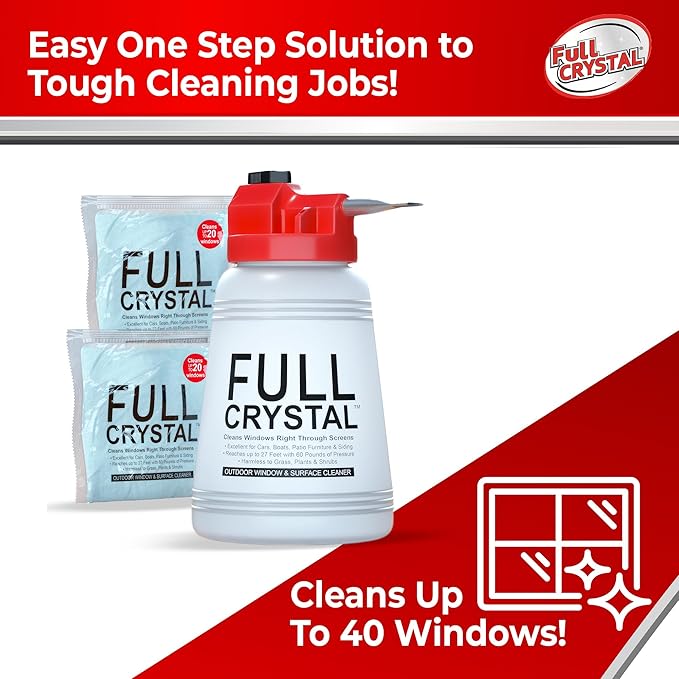 Full Crystal Window Cleaning Kit – 8 oz Glass Cleaner and Bottle with 27 ft Reach Each 4 oz Bag Makes Up to 640 fl oz Cleans Up to 40 Windows Scrub-Free Rinse-Free