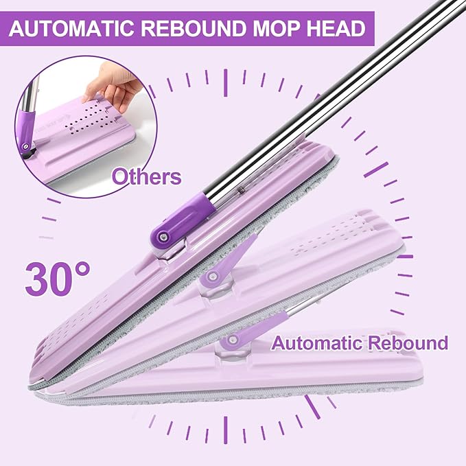 Mop and Bucket with Wringer Set Hands Free Flat Floor Mop and Bucket 3 Washable Microfiber Pads Included Wet and Dry Use Home Floor Cleaning System for All Floor Types and Windows Purple