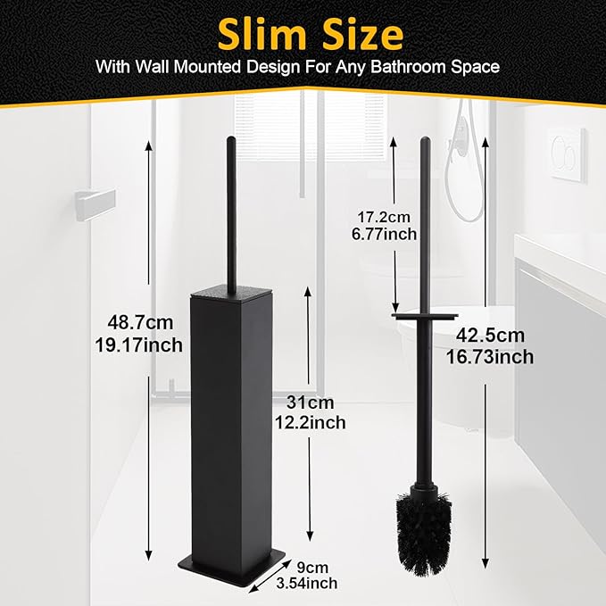 Toilet Brush and Holder Floor Standing Black with 2 Replaceable Heads Bathroom Toilet Brush Freestanding Toilet Bowl Brush with Removable Liner and Splash Guard Modern Square Design