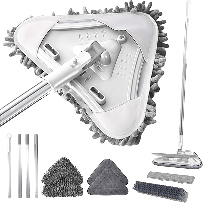 7-in-1 Triangle Mop Set with 7 Replaceable Heads and Adjustable Long Handle for Walls Floors Windows Baseboards (White)