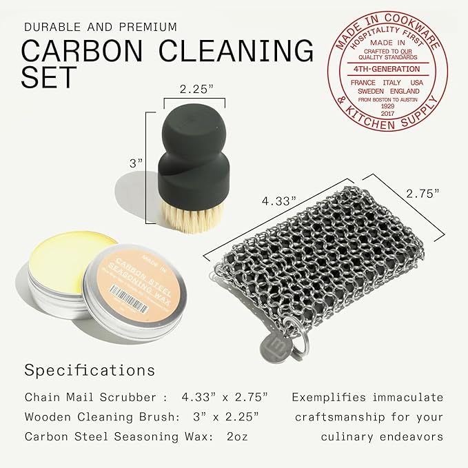 Made In Cookware | 3-Piece Carbon Steel Cleaning Set | Includes Chain Mail Scrubber Cleaning Brush and Carbon Steel Seasoning Wax