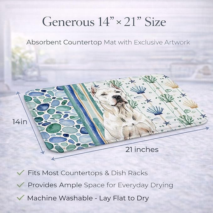 Caroline's Treasures Dogo Argentino Coastal Sea Glass Dish Drying Mat Absorbent Dish Drying Mat Pad for Kitchen Counter Dish Drainer Mat for Countertop 14 x 21 Multicolor