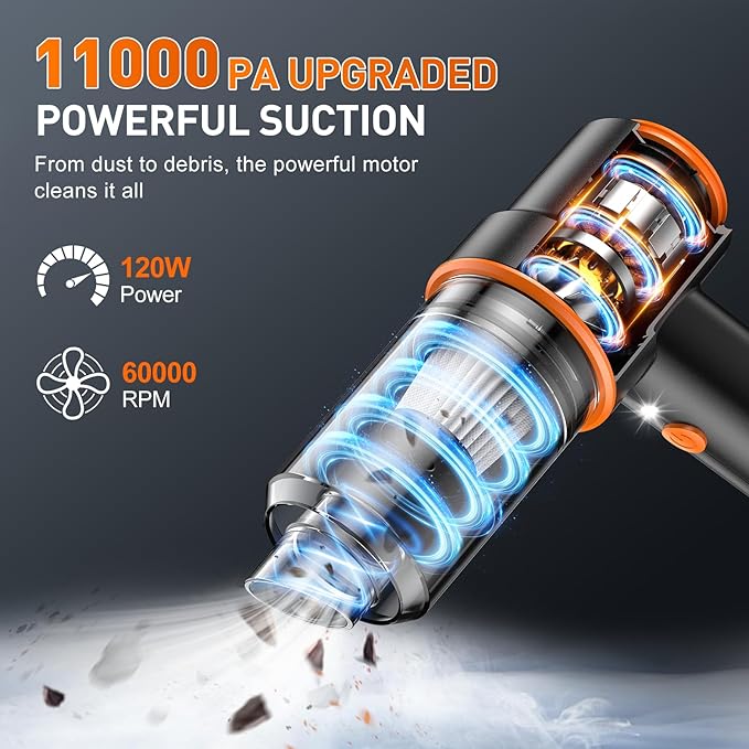 KMM Handheld Car Vacuum Cleaner 11000PA Vacuum Cleaner &amp Air Duster 120W High Power Vacuum Portable Cordless Hand Held Vacuum Rechargeable with Multi-Nozzles &amp LED Light for Home Car Offi