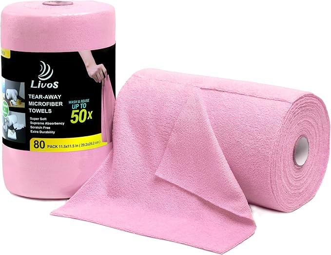 LIVOS Microfiber Cleaning Cloth Roll - 80 Pack Reusable Paper Towels Pink Tear Away Microfiber Towels for Cars Super Absorbent Lint Free Cleaning Rags for House Kitchen Window-11.5x11.5