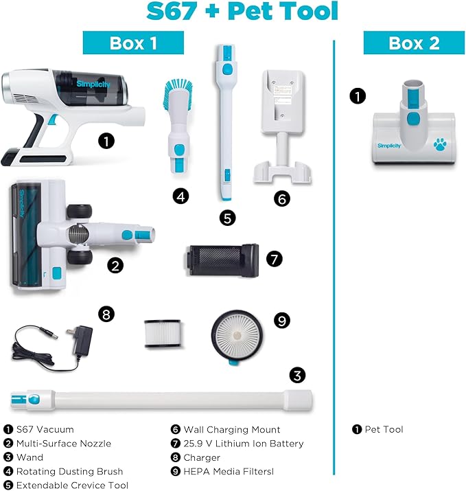 Simplicity Vacuums S67 Pet Bundle Cordless Stick Vacuum Cleaner and Motorized Pets Upholstery Tool Tackle Dog Hair and More on Hard Floor Rugs Couch and Stairs 3 Speed Power Light Weight Vacuum